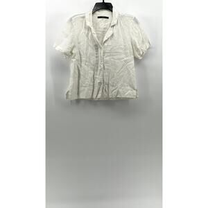 QUINCE Women's White Linen Button-Up Short Sleeve Notch Collar Top SZ M